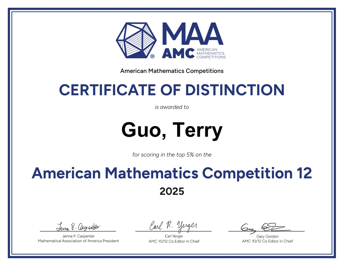 AMC 12 Certificate of Distinction issued by the Mathematical Association of America to Terry Guo.