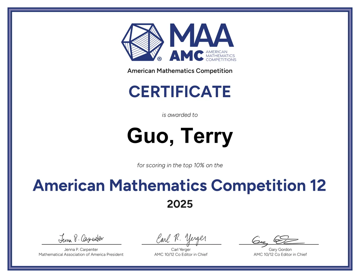 AMC 12 top ten percent certificate.