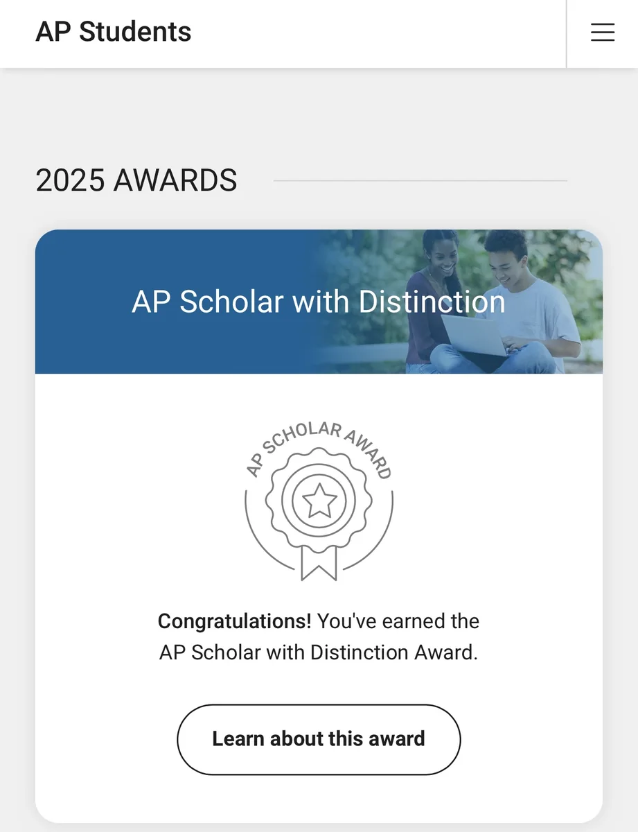 College Board AP Students dashboard showing the 2025 award: AP Scholar with Distinction.