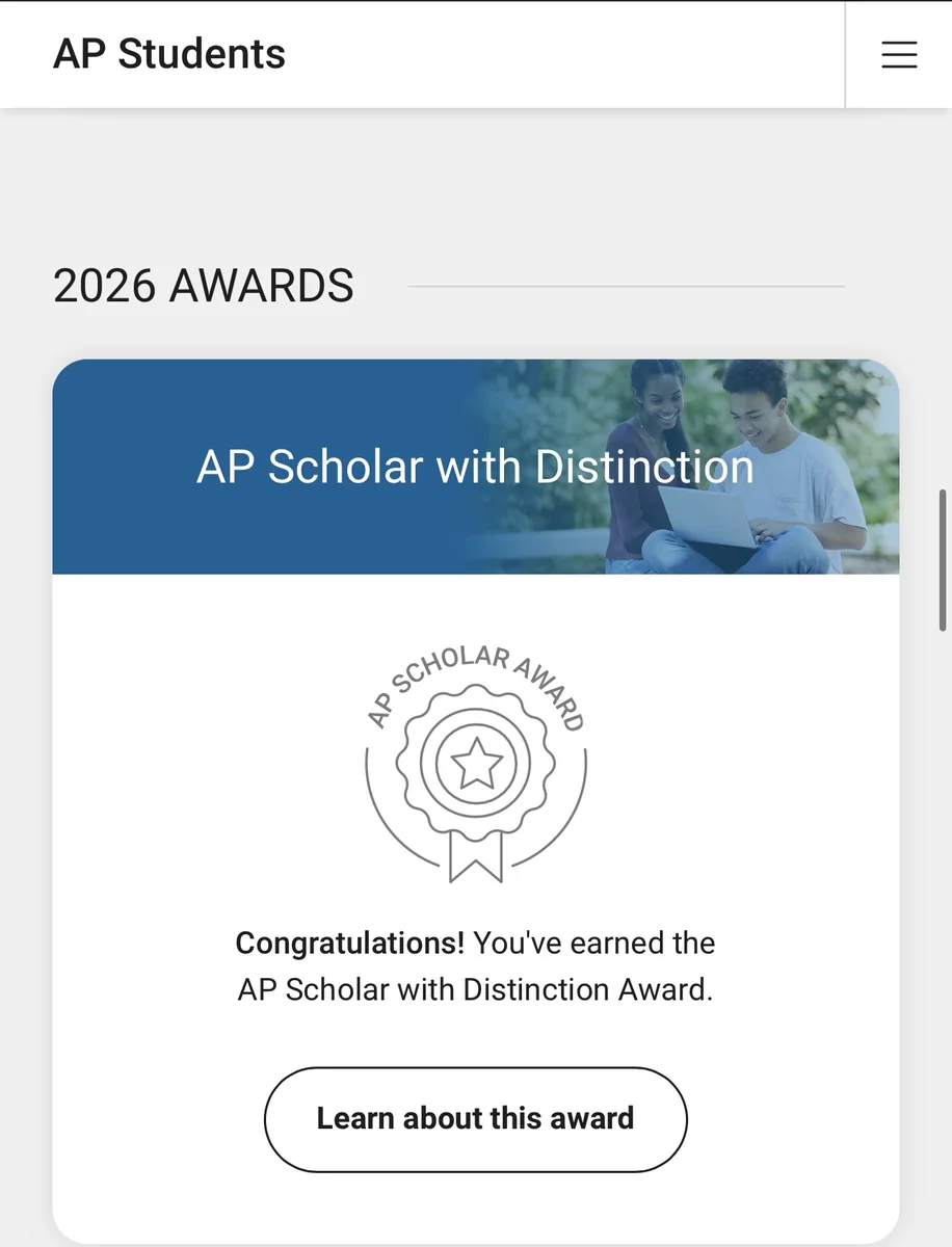 College Board AP Students dashboard showing the 2026 award: AP Scholar with Distinction.