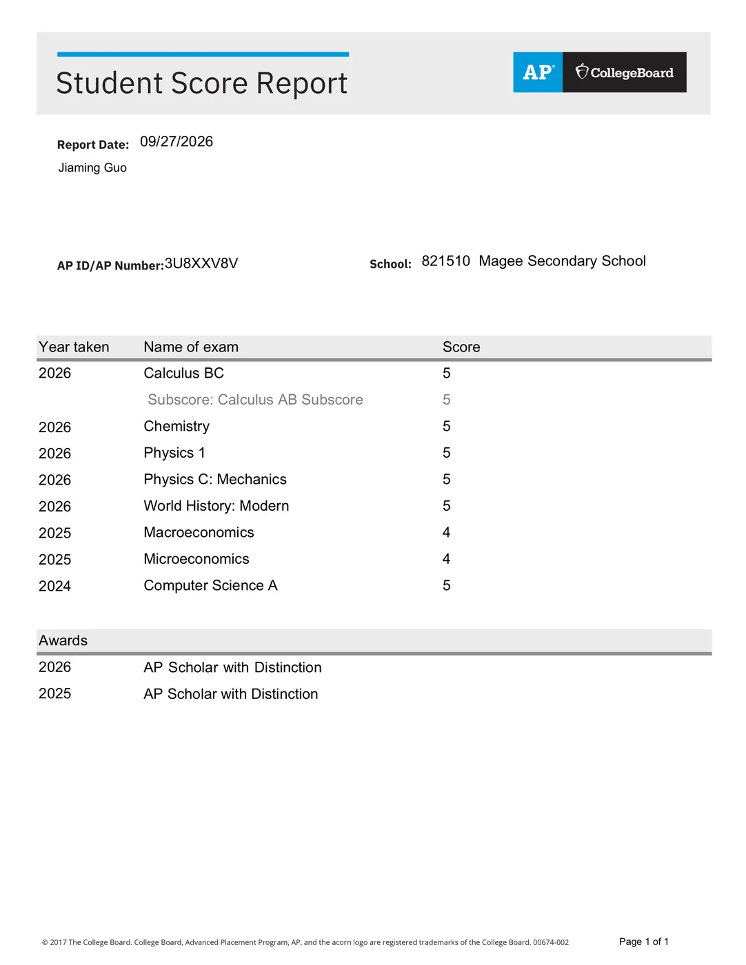 AP Student Score Report, 27 September 2026, home address redacted — five 2026 exams scored 5 (Calculus BC with AB subscore 5, Chemistry, Physics 1, Physics C: Mechanics, World History: Modern), Microeconomics and Macroeconomics 4 in 2025, Computer Science A 5 in 2024, and AP Scholar with Distinction in 2025 and 2026.