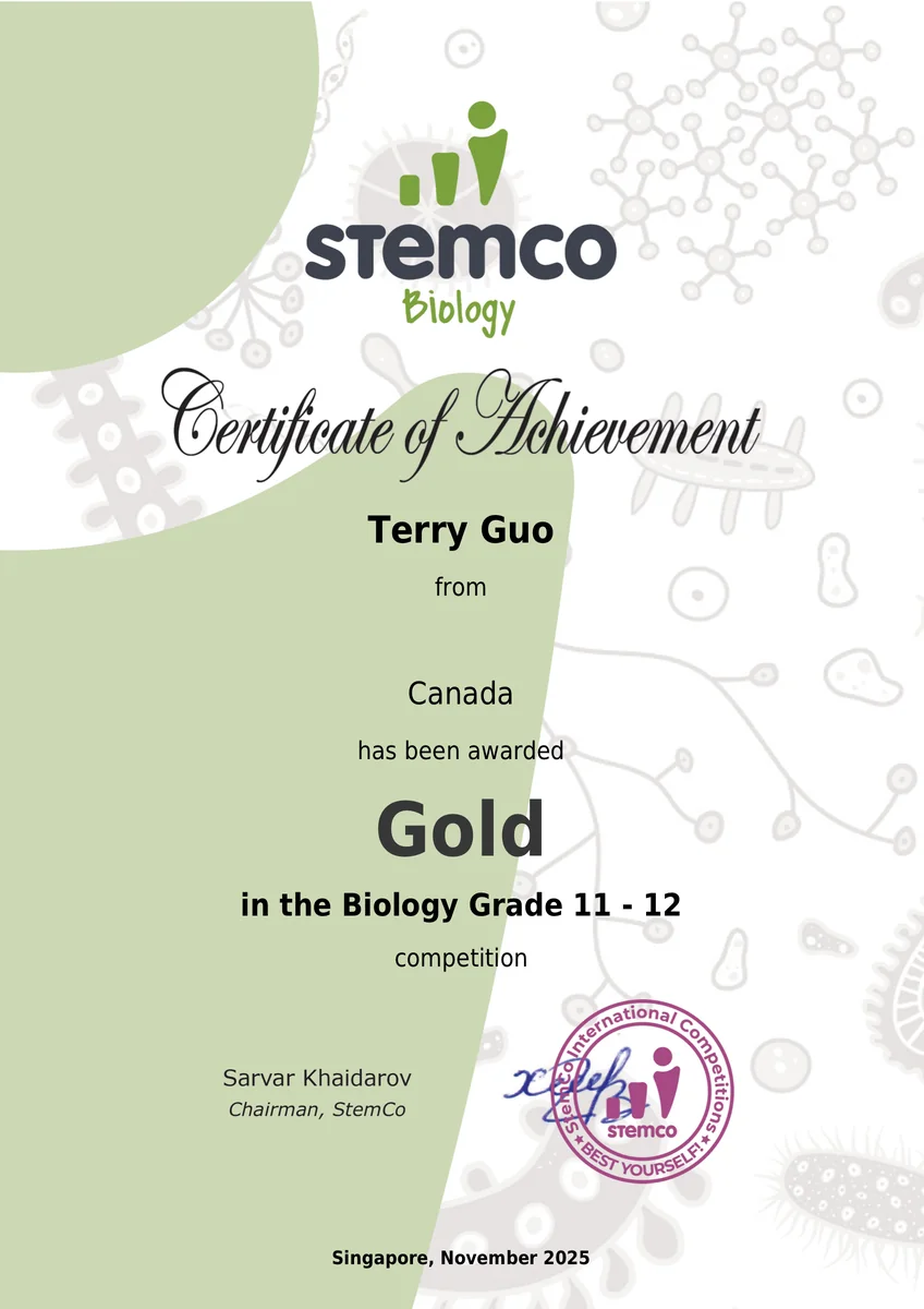StemCo Biology Competition certificate recording a gold award for Jiaming Guo.
