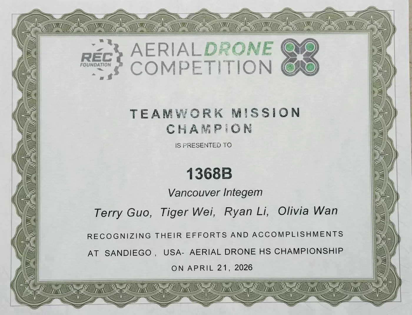 Teamwork Mission Champion certificate from the West Aerial Drone Championship, awarded to squad 1368B (Vancouver Integem) on 21 April 2026.