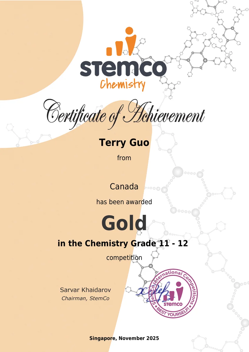 StemCo Chemistry Competition certificate recording a gold award for Jiaming Guo.