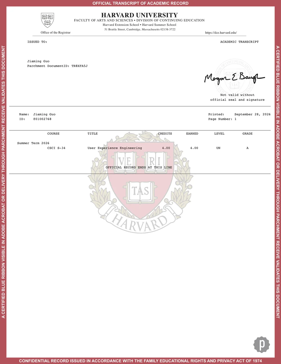 Harvard Summer School official transcript showing User Experience Engineering, CSCI S-14, four credits, grade A.