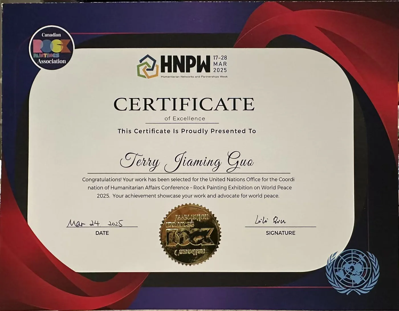 Certificate of Excellence from HNPW 2025 for Terry Jiaming Guo, whose work was selected for the United Nations Office for the Coordination of Humanitarian Affairs conference — Rock Painting Exhibition on World Peace 2025.