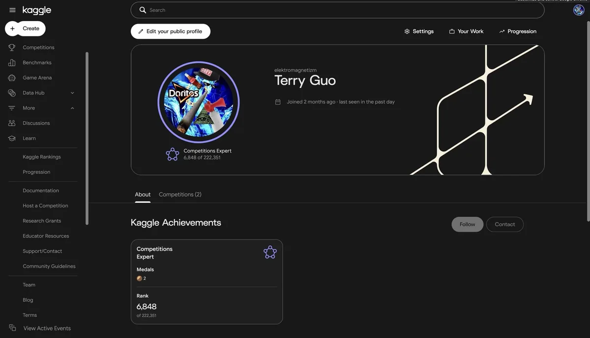 Kaggle profile for Terry Guo: Competitions Expert, 6,848 of 222,351, two medals.