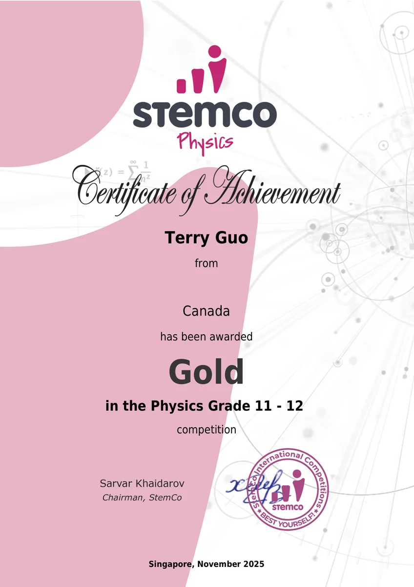 StemCo Physics Competition certificate recording a gold award for Jiaming Guo.