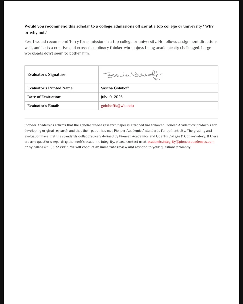 Page 4 of the Pioneer Research Institute evaluation, carrying the mentor's recommendation: “Yes, I would recommend Terry…” — Sascha Goluboff, 10 July 2026.
