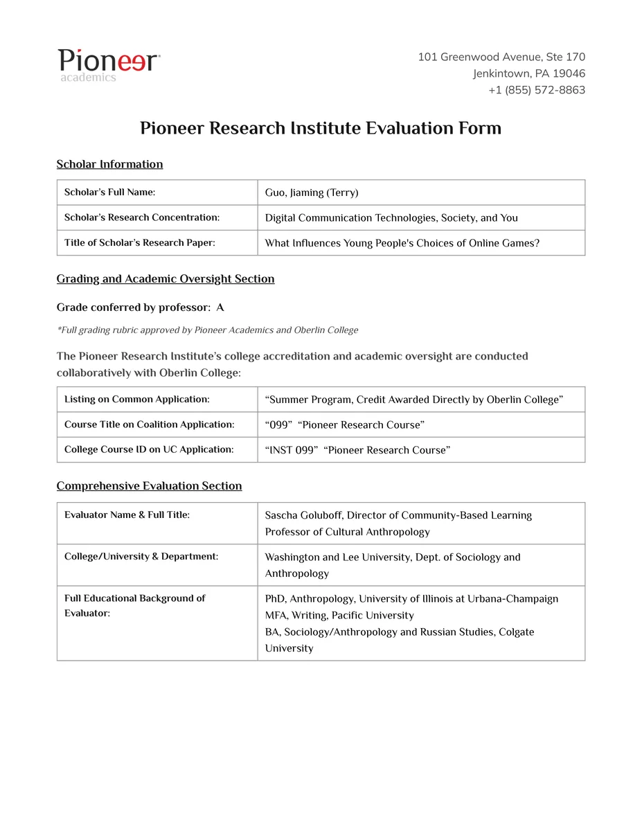 Pioneer Research Institute evaluation form for Jiaming (Terry) Guo, recording a grade of A for the research paper on young people's choices of online games.