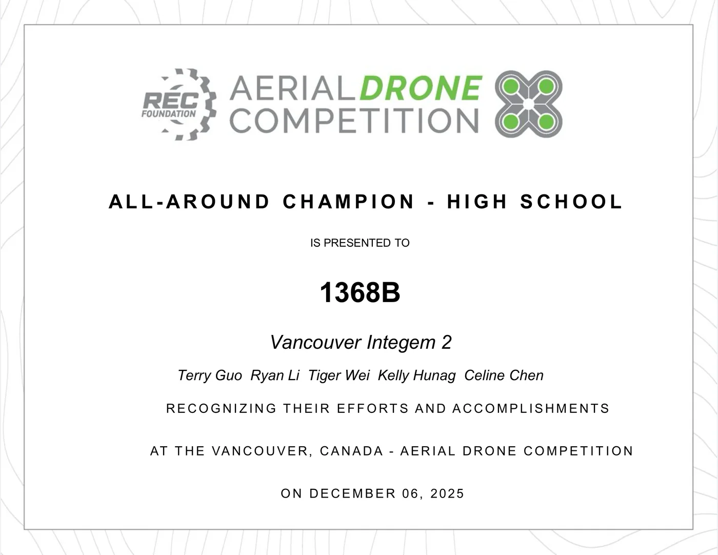 All-Around Champion certificate from the Aerial Drone Competition qualifier, issued to Vancouver Integem 2 (squad 1368B) on 6 December 2025.