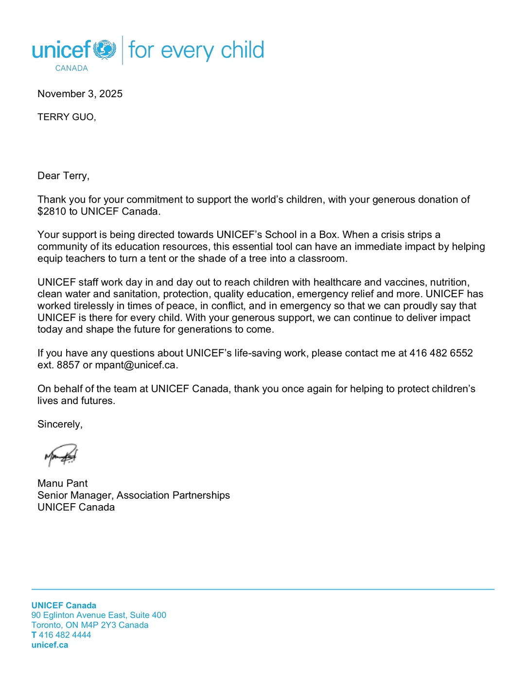Letter from UNICEF Canada dated 3 November 2025 thanking Terry Guo for a donation of $2,810 directed to School in a Box; the home address is redacted.