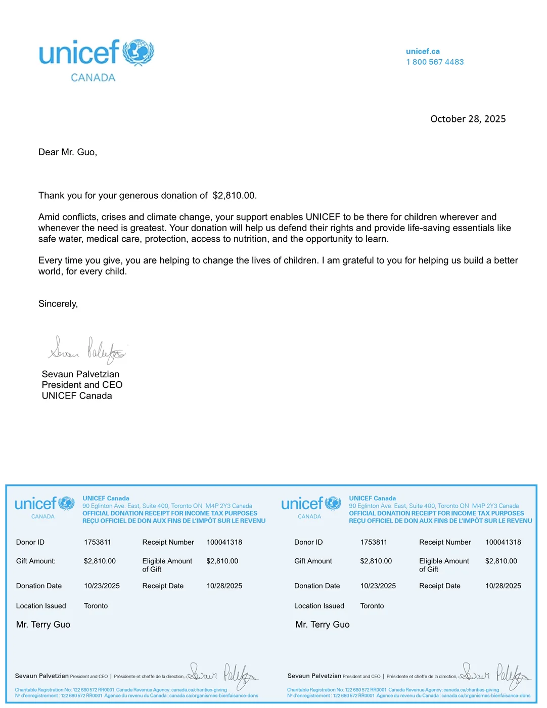 Official donation receipt for income tax purposes from UNICEF Canada — gift of $2,810.00, donation date 23 October 2025, receipt date 28 October 2025, issued in Toronto; the home address is redacted from both halves.